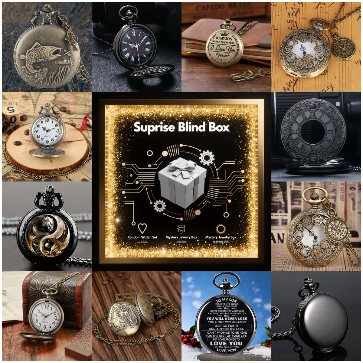 Mens Fashion Vintage - Montre mystère Surprise, boîte aveugle, mode